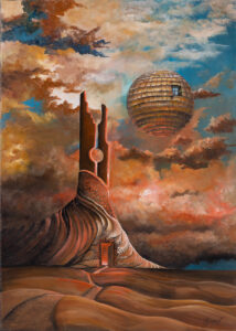 Iwona Szmist Wieża, 2022 surrealistyczny pejzaż w ciepłych kolorach, wieża na pustkowiu, niebo