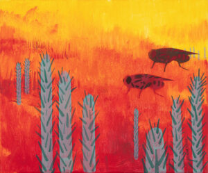 Hanna Kur Chcesz tu zostać, 2023 abstrakcja z kaktusami i muchami robakami owadami pomarańczowa czerwona