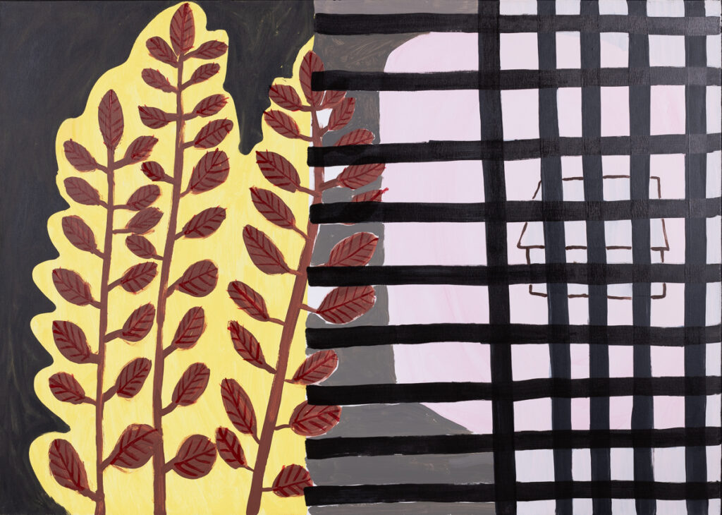 Joanna Mrozowska, Krzak i dom, 2019 - obraz z architekturą i roślinami, czerń, żółty, róż