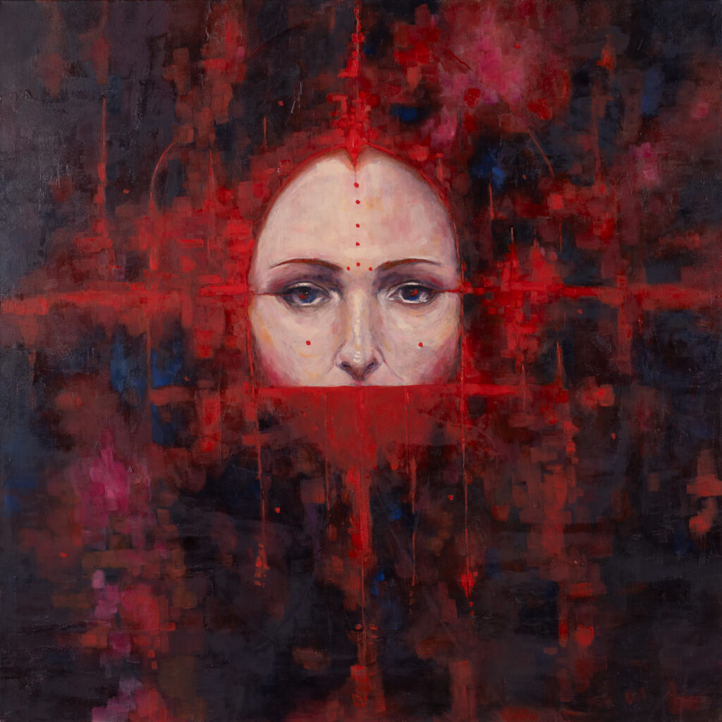 Izabela Szarek, Saturn Red II, 2023 - surrealistyczny portret kobiecy na czerwono-czarnym tle