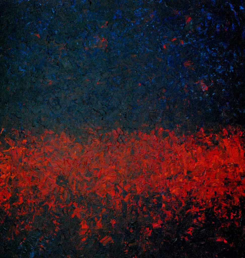 Iwona Gabryś, Kompozycja w granacie i czerwieni nr 128, 2023 - abstrakcja w granacie i czerwieni