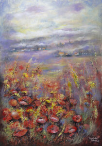 Anna Sandecka-Ląkocy, Summer Moment, 2023 - dekoracyjny obraz z łąką z kwiatami, czerwone maki