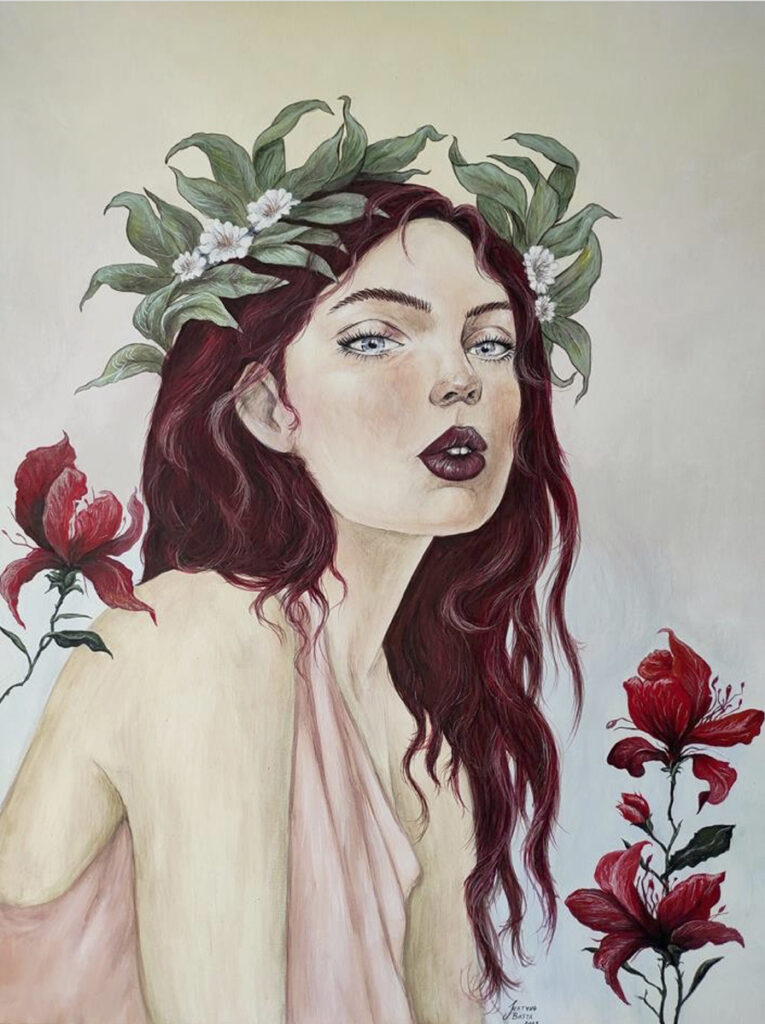 Justyna Basta, Lily, 2023 - dekoracyjny portret młodej kobiety z kwiatami