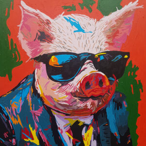 Sebastian Stachura, Piggy 1, 2023 - kolorowy obraz, portret świni w ubraniu
