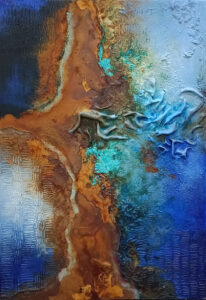 Vanessa Świgulska, Korozja oceanu, 2023 - abstrakcyjny obraz w błękitach ze rdzą
