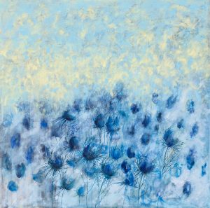 Iza Jaśniewska, Sen z cyklu Ogrody, 2023 - błękitny obraz z roślinami na pastelowym tle