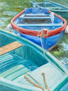 Tiana Breeze, Turkusowa przystań, 2023 - realistyczny obraz z łodziami, błękit, zieleń, czerwień