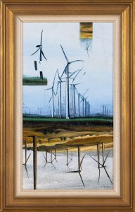 Katarzyna Lembryk, Dwoiste przestrzenie zniekształconego odwzorowania, 2023 - surrealistyczny obraz z wiatrakami w pejzażu