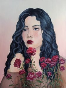 Justyna Basta, Peony, 2023 - dekoracyjny, realistyczny portret kobiety z kwiatami