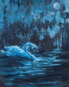 Izabela Szarek, Silver moon swan, 2022 - granatowy obraz z łabędziem