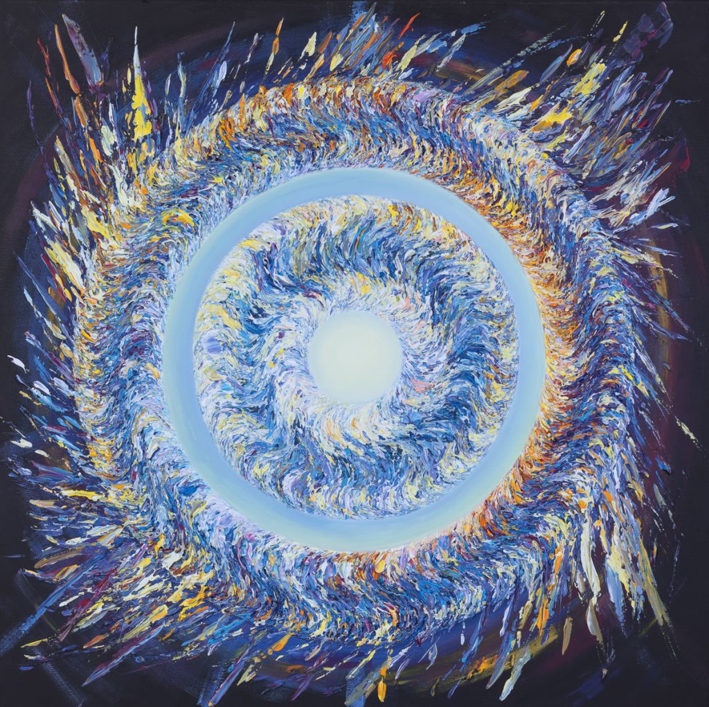 Magdalena Barczyk-Kurus, Lunar II z cyklu Intymność światła, 2023 - obraz abstrakcyjny, błękitne koło z żółtymi detalami