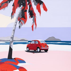 Dawid Orłowski, Babie lato, 2023 – jasny obraz z samochodem retro na plaży, pastele