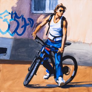 Marcin Kędzierski, All American Man z Filtrowej, 2023 - realistyczny obraz z chłopakiem na rowerze