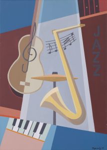 Jan Pływacz, Jazz, 2021 - kubistyczny obraz z instrumentami na kolorowym tle, pianino, gitara, saksofon