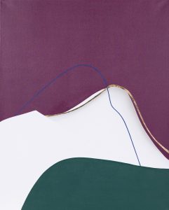 Julia Dunko, Qualim, 2023 - obraz, abstrakcja minimalistyczna, bordo, zieleń, biel, złoto