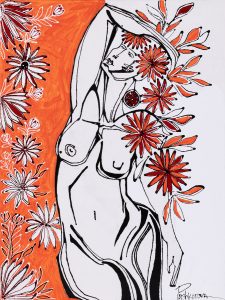 Hanna Pushkarova, Poranne przebudzenie, 2023 - kobiecy akt z kwiatami, w bieli, pomarańczu