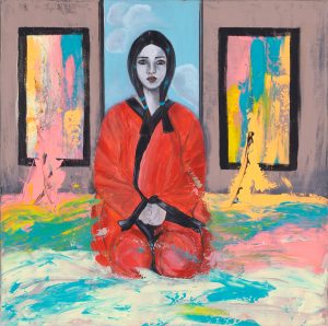 Kamila Suchecka, Dzieje się, ale ja zachowam spokój, 2023 - kolorowy obraz, postać kobiety siedząca na ziemi w pokoju