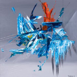 Tomasz Jaxa Kwiatkowski, Digital, 2019 - ekspresyjny abstrakcyjny obraz, błękit i czerwień na szarym tle