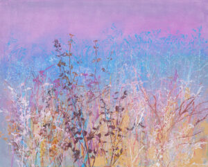 Agata Rościecha, Zarośla A2, 2023 - kolorowy obraz z łąką, rośliny, róż, fiolet, błękit