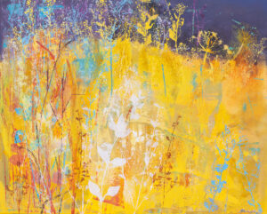 Agata Rościecha, Zarośla A3, 2023 - kolorowy obraz z łąką, rośliny, żółty, fiolet