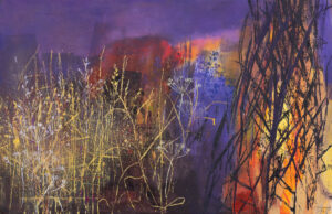 Agata Rościecha, Zarośla A5, 2023 - kolorowy obraz z łąką, rośliny, fiolet