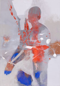 Joanna Rudek, Hesparyda, 2024 - szaro obraz z postacią, czerwień, błękit
