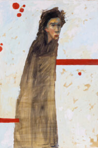 Anzhela Tistyk, Czarownica, 2023 - obraz z postacią w płaszczu, biel, czerwień