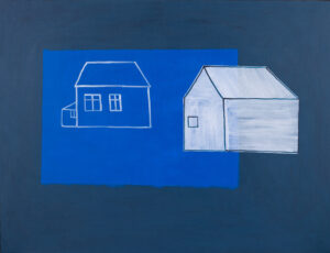 Joanna Mrozowska, Znikające domy, 2023 - granatowo-błękitny obraz z domami, architektura