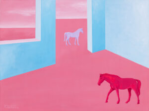 Katrzyna Kudełka, Wielki świat, 2023 - błękitno-różowy obraz z architekturą, końmi, realizm magiczny