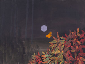 Hanna Kur, Do celu, 2023 - nokturn, obraz z ćmą, księżycem i roślinami