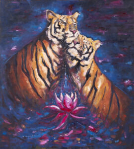 Izabela Szarek, Tiger love, 2024 - obraz z parą tygrysów i kwiatami
