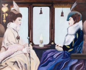 Krystyna Jaszke, Bez tytułu, 2024 - realistyczny obraz z dwoma kobietami w sukniach, w pociągu