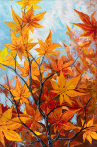 Teresa Kluszczyńska, Kolory jesieni, 2023 - kolorowy obraz z liśćmi na tle nieba