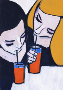 Bartłomiej Załucki, Lemoniada, 2023 - obraz z dwiema kobietami pijącymi ze słomki