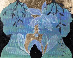 Dominika Ruta, Widzę Cię, 2024 - złoto-błękitny obraz z postaciami i roślinami