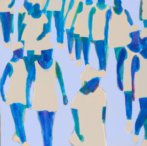 Iwona Kobryń, Bez tytułu z cyklu Lekcja rytmiki, 2024 - obraz błękitno-żółty z kobiecymi postaciami w ruchu