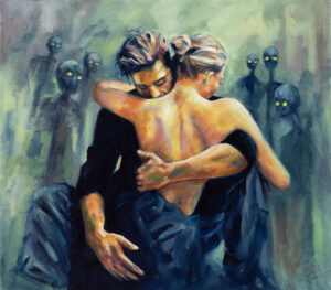Magdalena Rochoń, Zagrożona miłość, 2024 - obraz z przytulającą się parą, surrealizm
