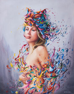 Ewa Prończuk-Kuziak, Paper dreams, 2014, bajkowy, kolorowy obraz z kobietą i zwierzętami