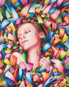 Ewa Prończuk-Kuziak, Cisza, 2016 - bajkowy, kolorowy obraz ze śpiącą kobietą