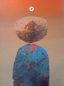 Jadwiga Wolska, Geo 113, 2024 surrealistyczny obraz ze skałami, pomarańczowe tło, błekit