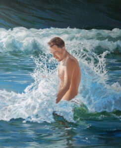 Jolanta Ziółkowska, Na fali, 2024 - obraz z mężczyzną kąpiącym się w morzu, fale
