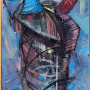 Maciej Kempiński, Rybion, 2024 - błękitny obraz z kształtem ryby i sylwetką mężczyzny