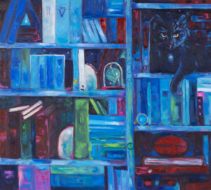 Izabela Szarek, The Blue book store, 2024 obraz z książkami i czarnym kotem, księgarnia