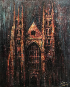 Dawid Masionek, Świecąca w mroku (Katedra Kanterberyjska), 2024 - obraz z widokiem na kościół gotycki