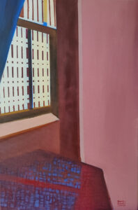 Małgorzata Bundzewicz, Wokół Vermeera, 2023 - różowo-niebieski obraz z wnętrzem budynku