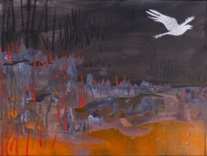 Hanna Kur, Wypalanie traw, 2024 - obraz z łąką, płomieniami i ptakiem