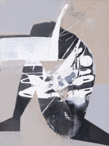 Joanna Rudek, Metallico III, 2023 - obraz z czarną sylwetką, abstrakcja, biel