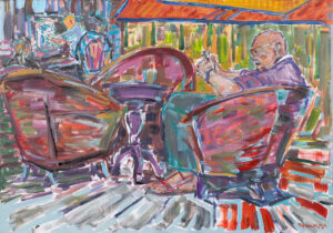 Piotr Pachecki, Turysta w hotelowym patio, 2024 - kolorowy obraz z mężczyzną siedzącym w fotelu