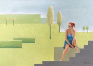 Katarzyna Kudełka, Ogrodnik, 2023 - zielony obraz z kobietą siedzącą na schodach