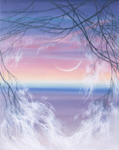 Anna Sołtysiak, Frozen 1, 2024 - pastelowy pejzaż, jezioro, księżyc, gałęzie drzewa